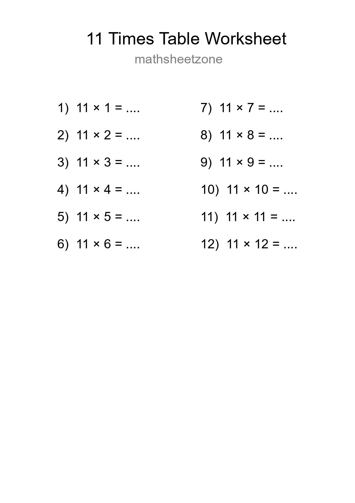 Printable 11 Times Table Worksheet For Grade 4 - Part 31