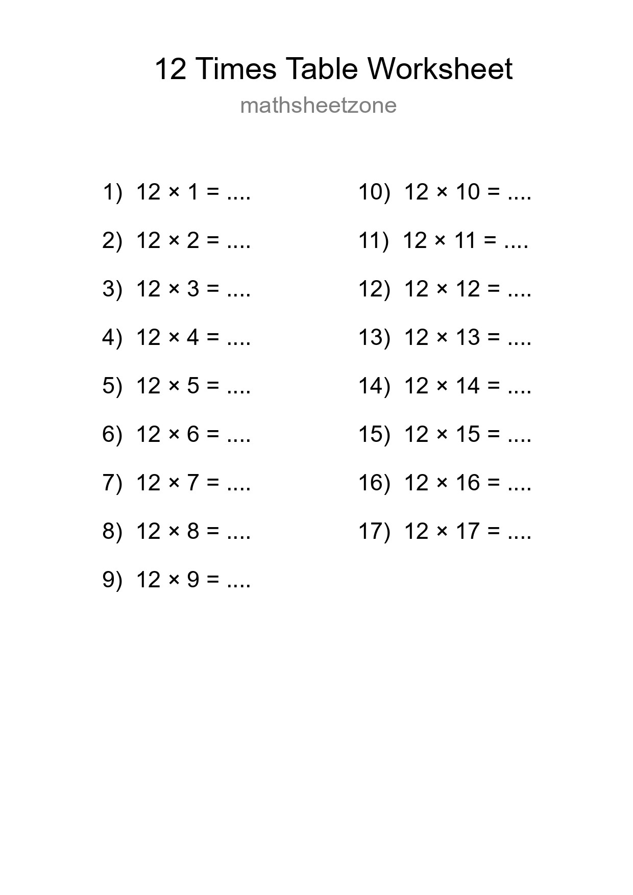 Printable 12 Times Table Worksheet For Grade 4 - Part 75