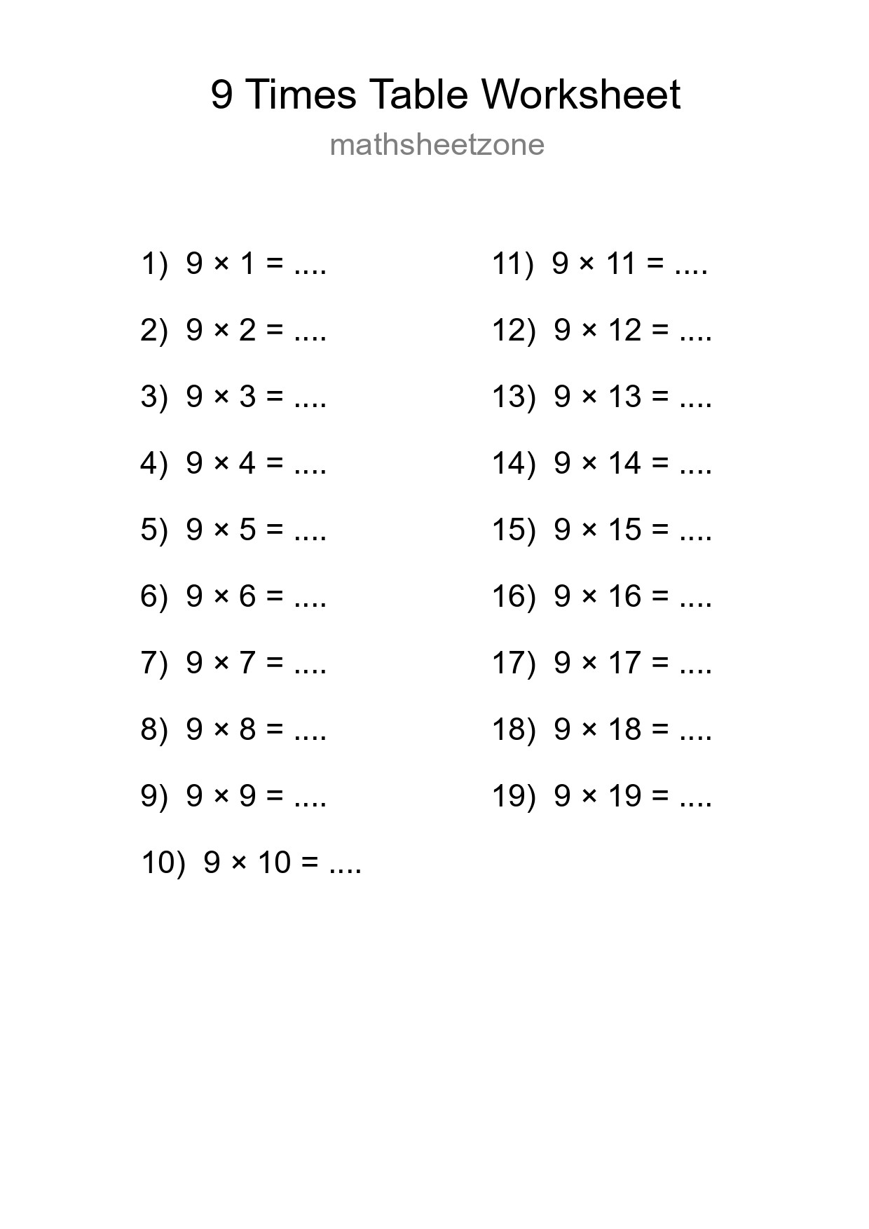 Printable 9 Times Table Worksheet For Grade 3 - Part 174