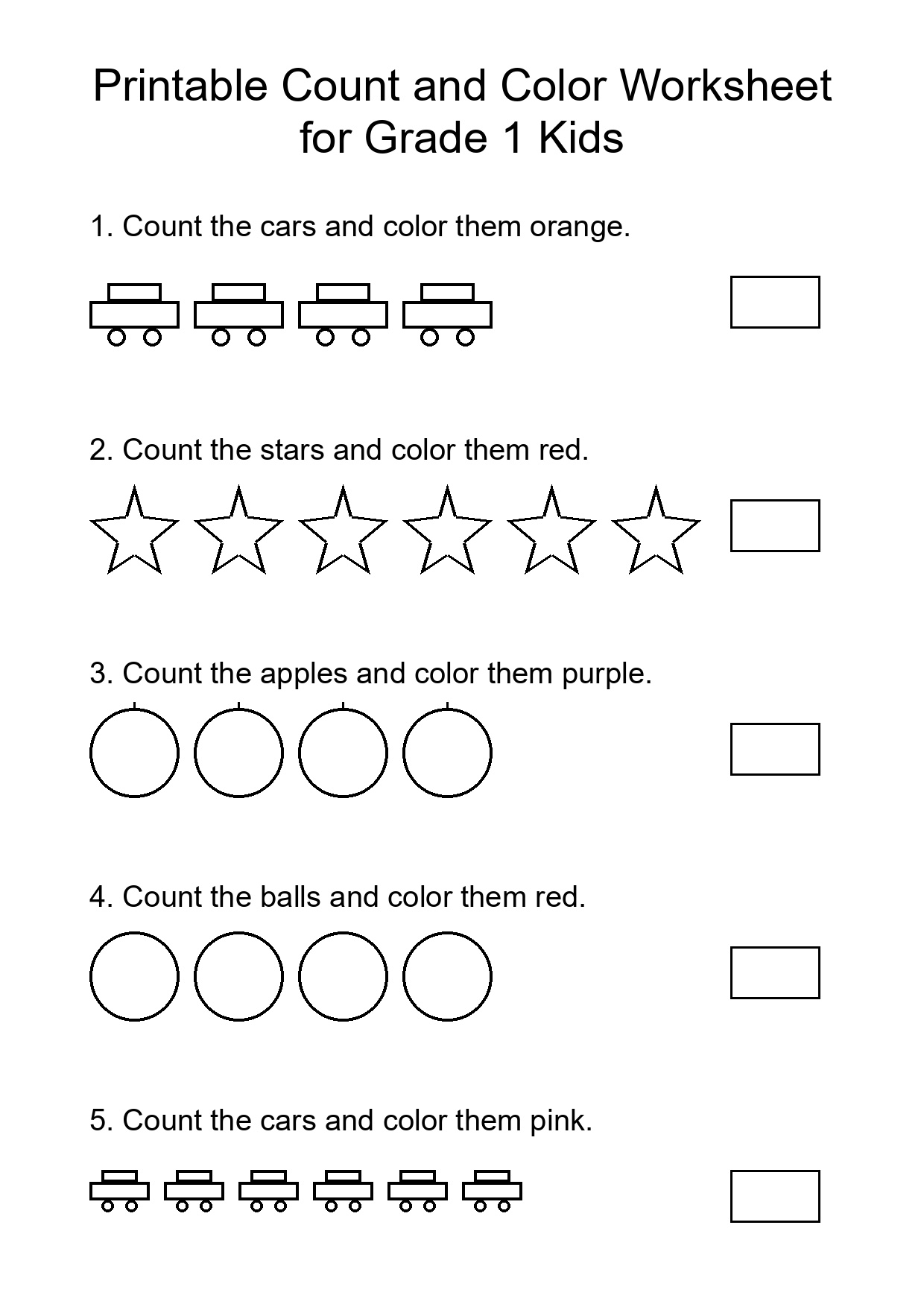 Printable Count and Color Worksheet for Grade 1 Kids