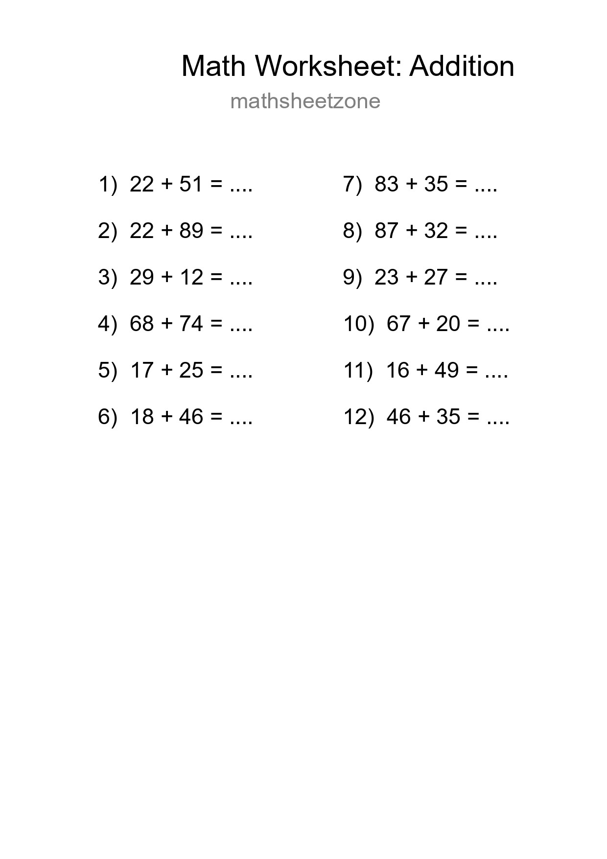 Printable Free 12 Addition Math Worksheet For Grade 3 - Part 155