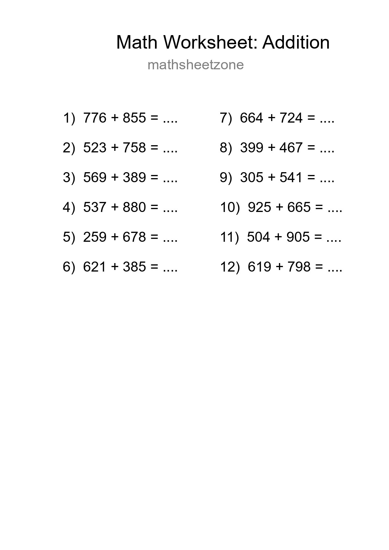 Printable Free 12 Addition Math Worksheet For Grade 5 - Part 188