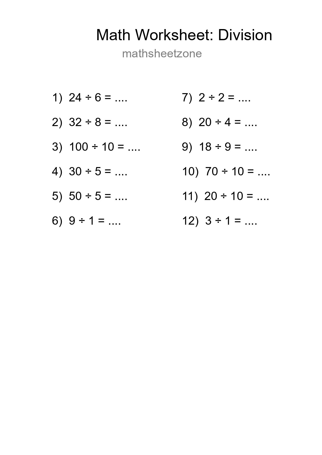 Printable Free 12 Division Math Worksheet For Grade 1 - Part 26