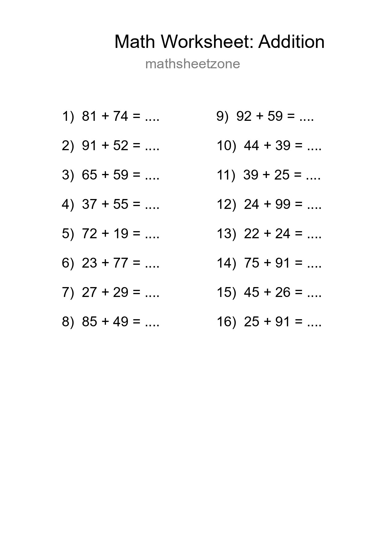 Printable Free 16 Addition Math Worksheet For Grade 3 - Part 177