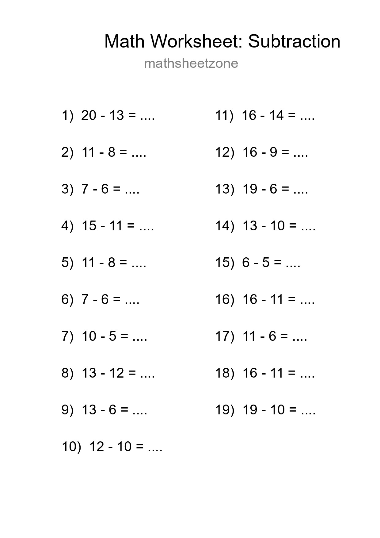 Printable Free 19 Subtraction Math Worksheet For Grade 2 - Part 162