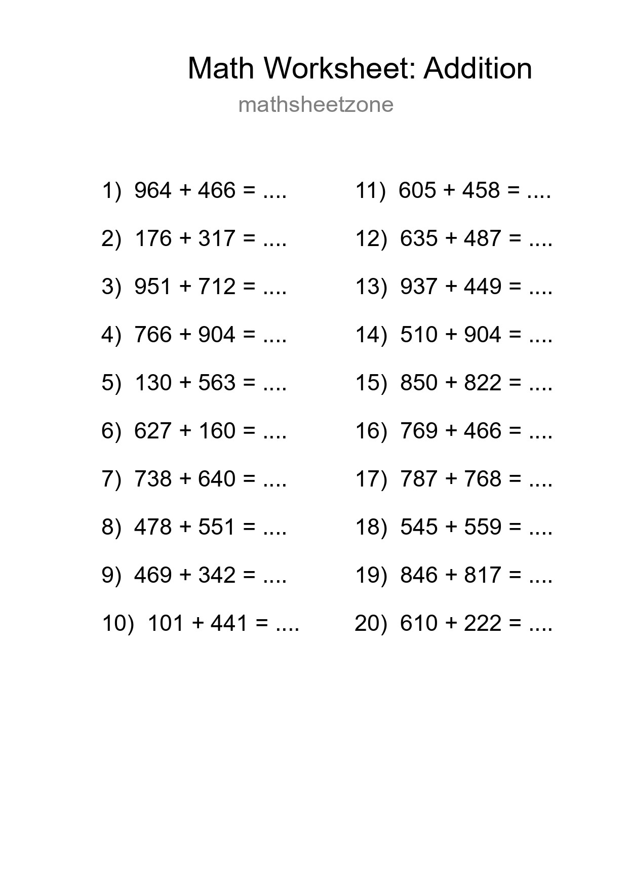 Printable Free 20 Addition Math Worksheet For Grade 5 - Part 287