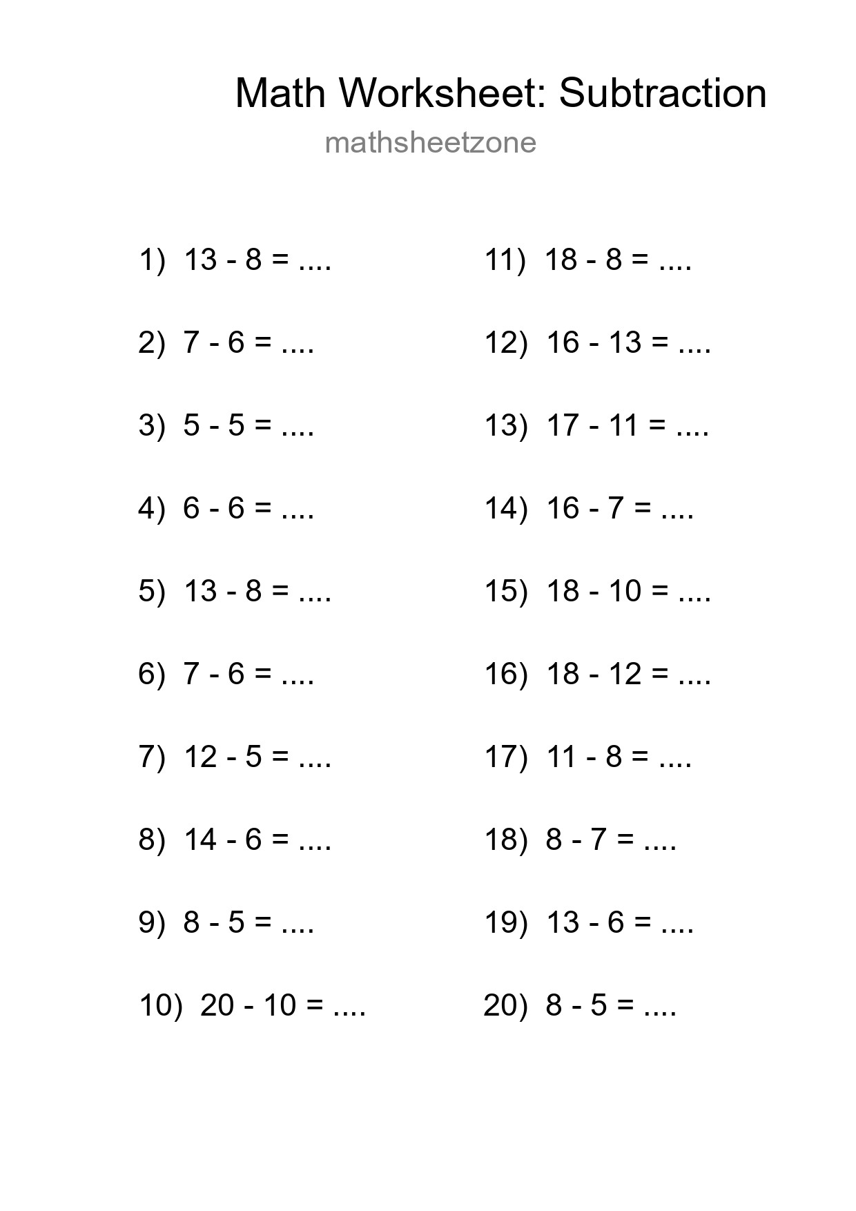 Printable Free 20 Subtraction Math Worksheet For Grade 2 - Part 217