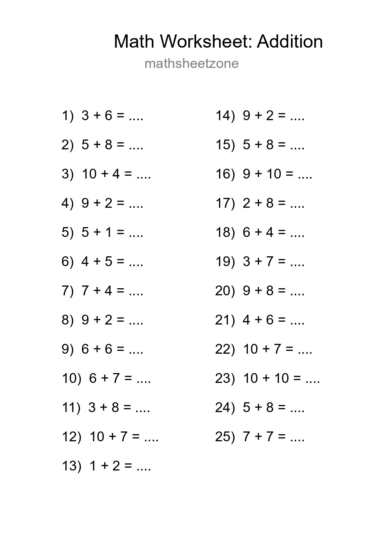 Printable Free 25 Addition Math Worksheet For Grade 1 - Part 232