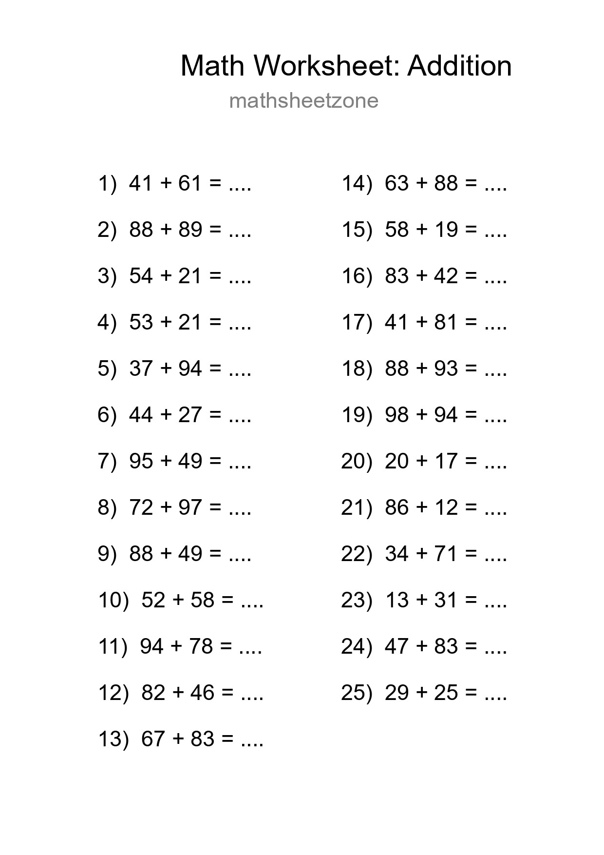 Printable Free 25 Addition Math Worksheet For Grade 3 - Part 111
