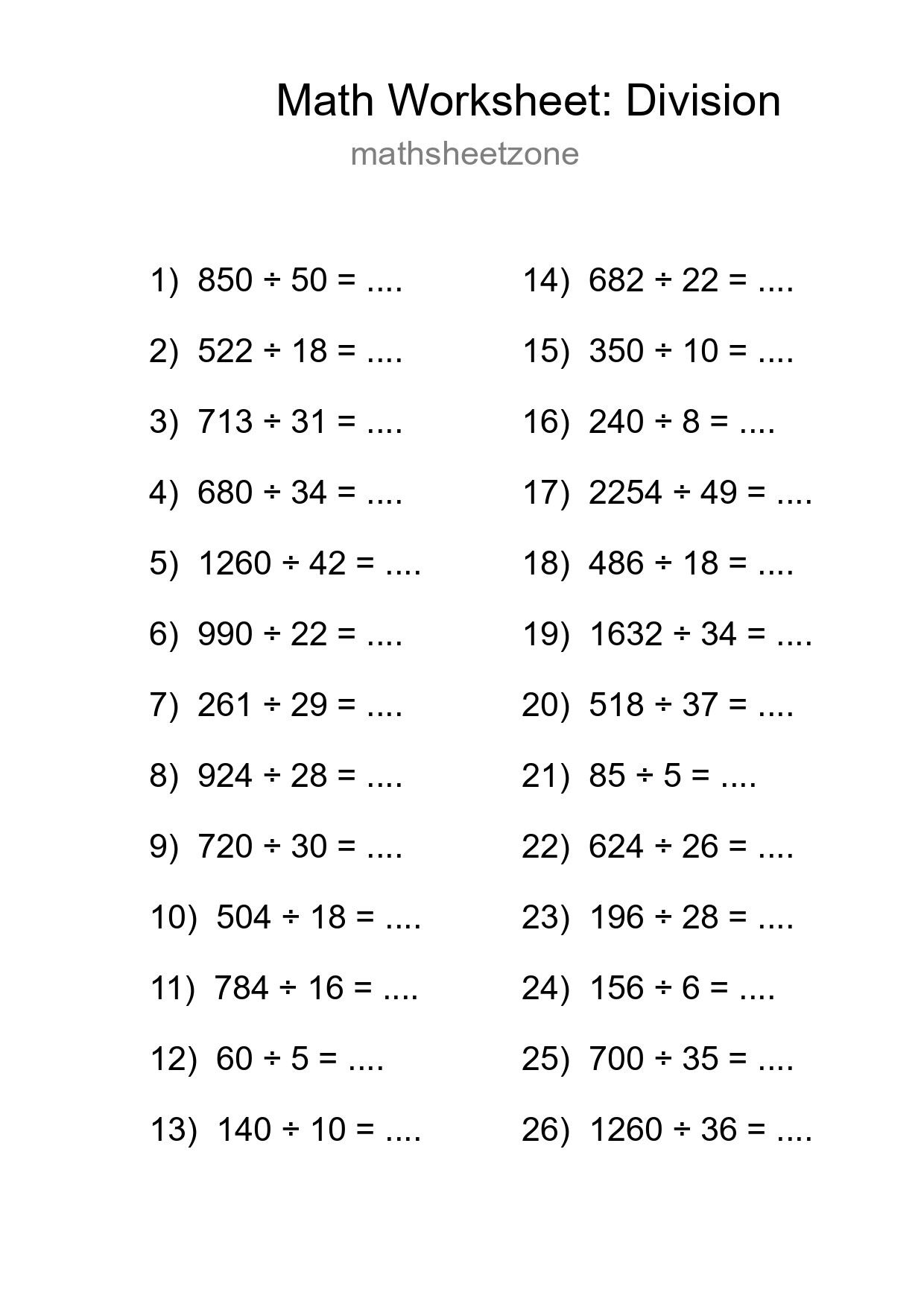 Printable Free 26 Division Math Worksheet For Grade 2 - Part 114